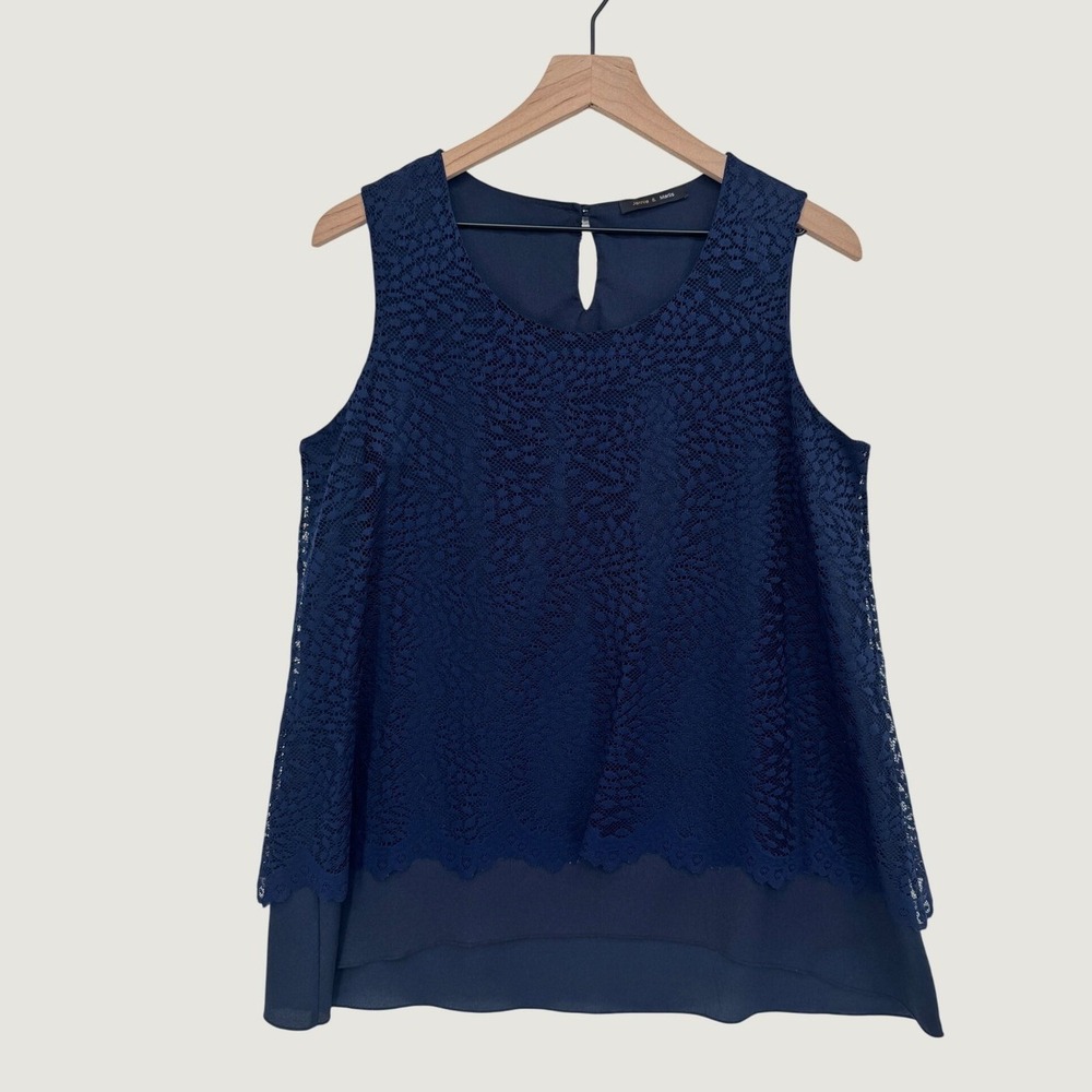 Jennie & Marlis Navy Blue Layered Lace Chiffon Hem Sleeveless Top Size L